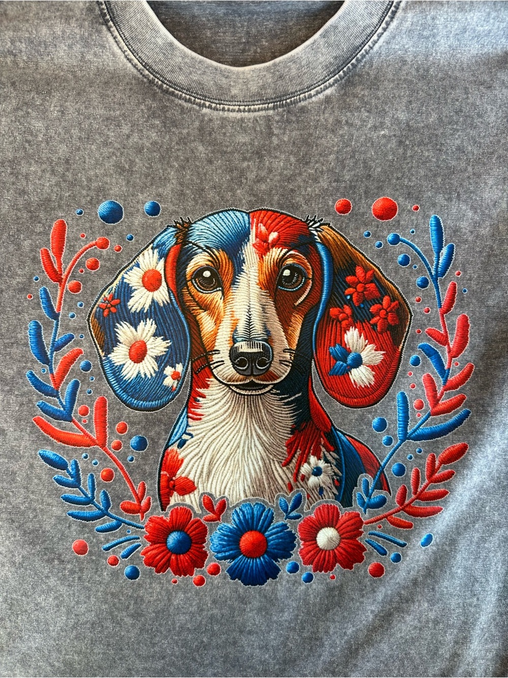 New Dachshund Dog Oversized Stonewashed Floral Embroidered-Look Tee